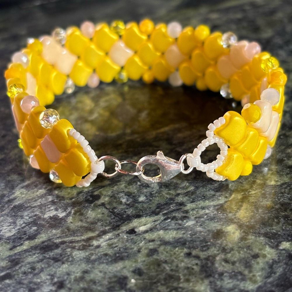 Hand crafted summer bracelet yellow Ginkgo beads and Czech crystals 7 inches